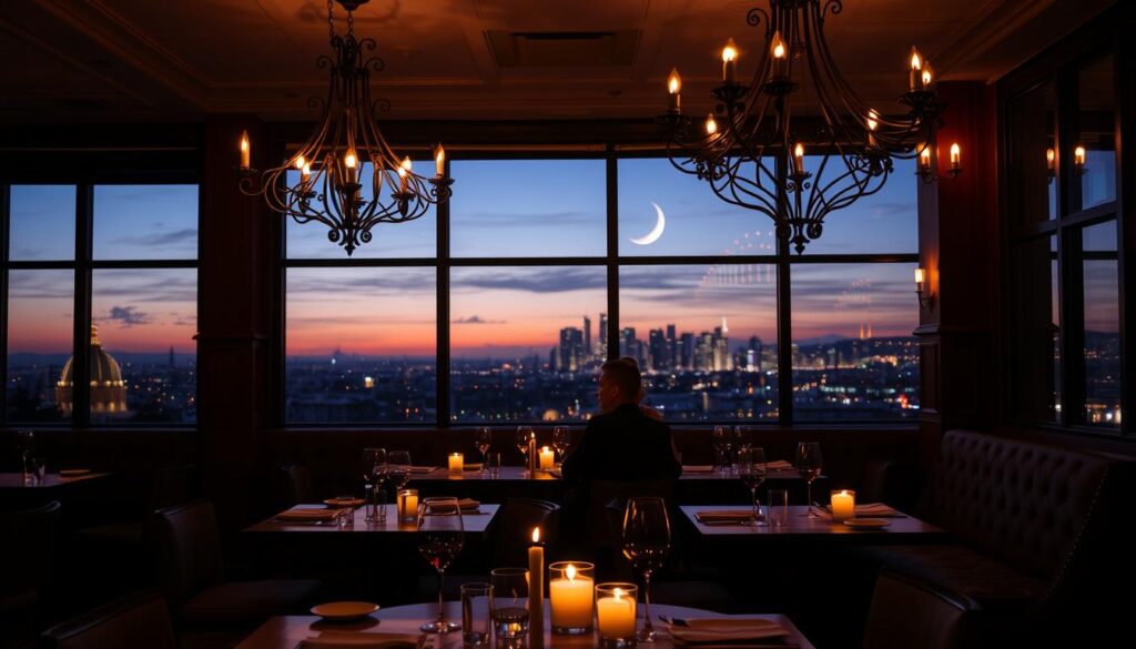 A cozy, dimly lit restaurant with candlelit tables, soft ambient lighting, and a romantic atmosphere. In the foreground, a couple sits across from each other, enjoying an intimate dinner with a glass of red wine. The middle ground features plush, upholstered banquettes and ornate, wrought-iron chandeliers. In the background, large windows offer a glimpse of a picturesque, twilight city skyline, with twinkling lights and a crescent moon in the sky. The scene evokes a sense of intimacy, warmth, and a perfect couples retreat.