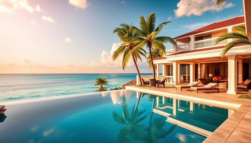 A lavish seaside villa nestled on a secluded tropical beach, its white walls and terracotta roof tiles glistening under the warm, golden hour sun. A private infinity pool reflects the tranquil azure waters of the ocean beyond, while lush palm trees sway gently in the soft, salty breeze. Stylish lounge chairs and a shaded cabana invite guests to unwind and soak in the breathtaking panoramic views. The interior of the villa exudes an aura of refined elegance, with luxurious furnishings, high ceilings, and floor-to-ceiling windows that seamlessly blend the indoor and outdoor spaces. This opulent, yet serene sanctuary promises the ultimate in relaxation and indulgence.