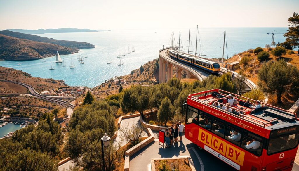 A scenic Spanish landscape with a focus on various modes of transportation. In the foreground, a vibrant red double-decker bus navigates the winding streets of a quaint coastal town, its passengers gazing out at the picturesque harbor. In the middle ground, a high-speed train glides across a sweeping viaduct, cutting through the rolling hills and olive groves. In the background, a fleet of sailboats dot the sparkling azure waters of the Mediterranean, their white sails billowing in the gentle breeze. The scene is bathed in warm, golden sunlight, conveying the laidback, sun-drenched atmosphere of travel in Spain. Shot with a wide-angle lens to capture the full scope of the scene, the image showcases the diverse and efficient transportation options available to visitors exploring this vibrant country.