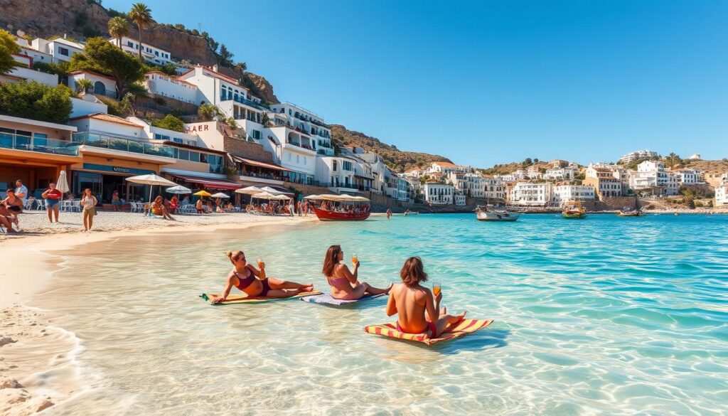 A sun-drenched beach in Spain, with crystal-clear turquoise waters lapping at the golden sand. In the foreground, a group of friends relaxing on colorful beach towels, sipping chilled drinks and enjoying the warm Mediterranean breeze. In the middle ground, a vibrant seaside promenade lined with lively cafes and boutiques, while in the background, the iconic white-washed buildings of a picturesque Spanish town climb the rolling hills. Warm, diffused lighting casts a dreamy, idyllic glow over the scene, capturing the essence of a perfect summer vacation in Spain.