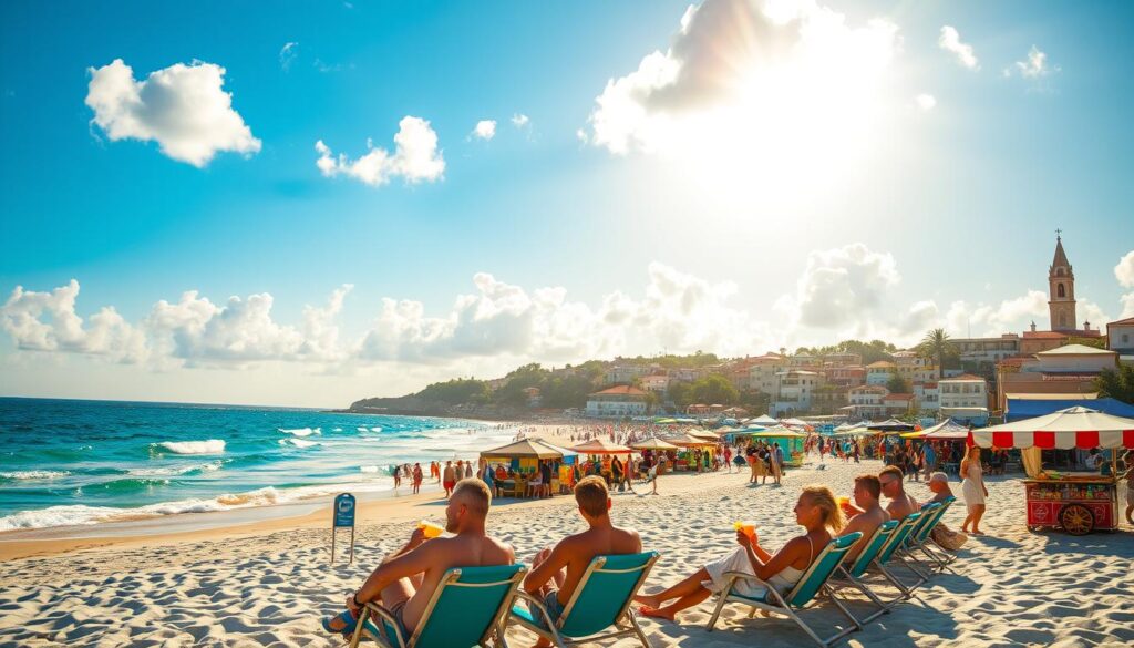 A sun-drenched beach, white sand gently lapped by azure waves. In the foreground, a group of carefree vacationers laughing and lounging in beach chairs, sipping colorful cocktails. In the middle ground, a bustling boardwalk lined with vibrant market stalls and food carts, their aromas wafting through the air. In the background, a picturesque coastal town with charming buildings and a towering church steeple. Warm, golden light filters through puffy clouds, casting a dreamy, relaxed atmosphere over the entire scene. A snapshot of the perfect last-minute getaway.