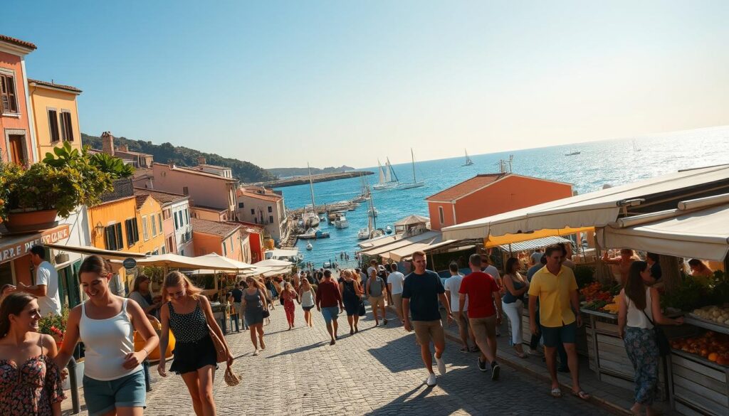 A sun-drenched seaside town, its quaint buildings and cobblestone streets bathed in warm, golden light. In the foreground, families stroll along the promenade, laughter and the scent of freshly grilled seafood filling the air. Further back, a bustling marketplace overflows with vibrant produce and lively chatter. In the distance, sailboats dot the sparkling azure waters, their white sails billowing in the gentle breeze. The scene evokes a sense of leisurely bliss, a perfect summer escape from the daily grind. The composition is captured through a wide-angle lens, creating a panoramic view that invites the viewer to step into this idyllic summertime tableau.