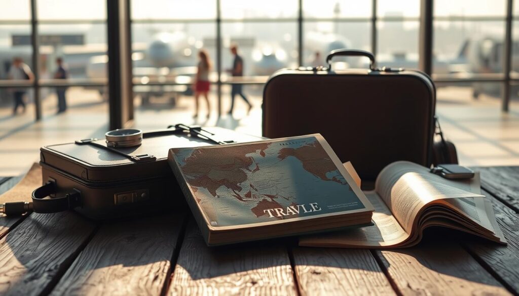 A tranquil scene of a sun-dappled travel guide resting on a weathered wooden table, surrounded by a collection of stylish luggage, a compass, and a map unfolding to reveal distant destinations. The lighting is soft and natural, casting gentle shadows that accentuate the texture of the materials. In the background, a hazy silhouette of a bustling airport terminal or train station, hinting at the excitement and adventure that awaits. The overall mood is one of anticipation and exploration, inviting the viewer to embark on their own journey.