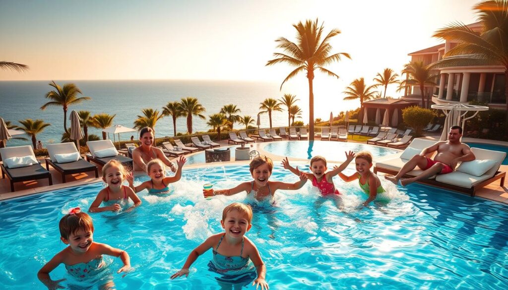A vibrant family vacation scene unfolds under the warm, golden glow of a late afternoon sun. In the foreground, a group of children splash joyfully in a sparkling, azure pool, their laughter and exuberance radiating outward. Nearby, parents recline on plush lounge chairs, sipping refreshing beverages and watching over their little ones with content smiles. The middle ground reveals a lush, landscaped resort, its modern architecture blending seamlessly with the natural surroundings of swaying palm trees and verdant foliage. In the distance, a stunning coastal vista, complete with glistening waves and a hazy horizon, creates a tranquil, picturesque backdrop, inviting the viewer to imagine a perfect last-minute family getaway.