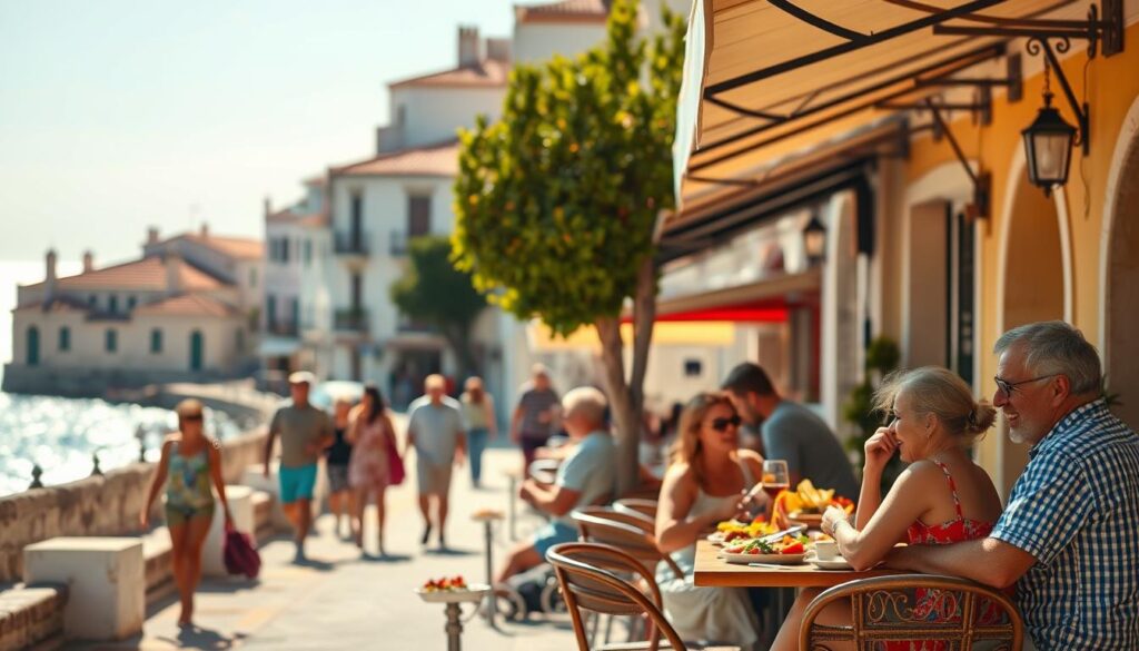 A vibrant, sun-drenched scene of a Spanish coastal town, capturing the costs of a vacation. In the foreground, a family enjoys a tapas feast at an outdoor cafe, surrounded by the lively bustle of the street. In the middle ground, pedestrians stroll past quaint, whitewashed buildings with terracotta roofs. In the background, the shimmering Mediterranean Sea and a hazy, azure sky set the stage for this idyllic Spanish holiday. The warm, golden lighting lends a sense of relaxation and indulgence, conveying the essence of the vacation experience and its associated expenses.