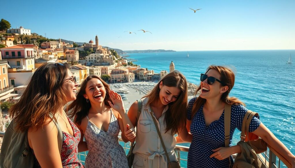 A vibrant, sun-drenched seaside scene, with a group of friends spontaneously embarking on a last-minute getaway. In the foreground, they laugh and embrace, their carefree spirits radiating warmth. The middle ground showcases a picturesque coastal town, its colorful buildings and winding streets inviting exploration. In the background, the azure waters of the ocean stretch out, dotted with sailboats and seabirds, creating a sense of boundless possibility. The lighting is soft and golden, capturing the magic of the moment, as if time has stood still. This image exudes a palpable sense of adventure, spontaneity, and the joy of embracing the unexpected in one's travels.