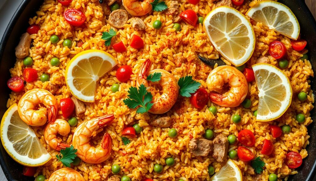 A visually stunning and mouthwatering Spanish paella, simmering in a large, shallow pan. The rice is perfectly cooked, infused with the rich flavors of saffron, paprika, and garlic. Plump shrimp, tender chicken, and colorful vegetables such as red bell peppers, green peas, and diced tomatoes create a vibrant, layered composition. The paella is garnished with fresh lemon wedges, parsley sprigs, and a sprinkle of paprika, evoking the warmth and vibrancy of Spanish cuisine. The image is shot from an overhead angle, capturing the dish in its entirety and showcasing its authentic, rustic presentation. The lighting is soft and natural, highlighting the dish's texture and colors, creating an inviting and appetizing atmosphere.
