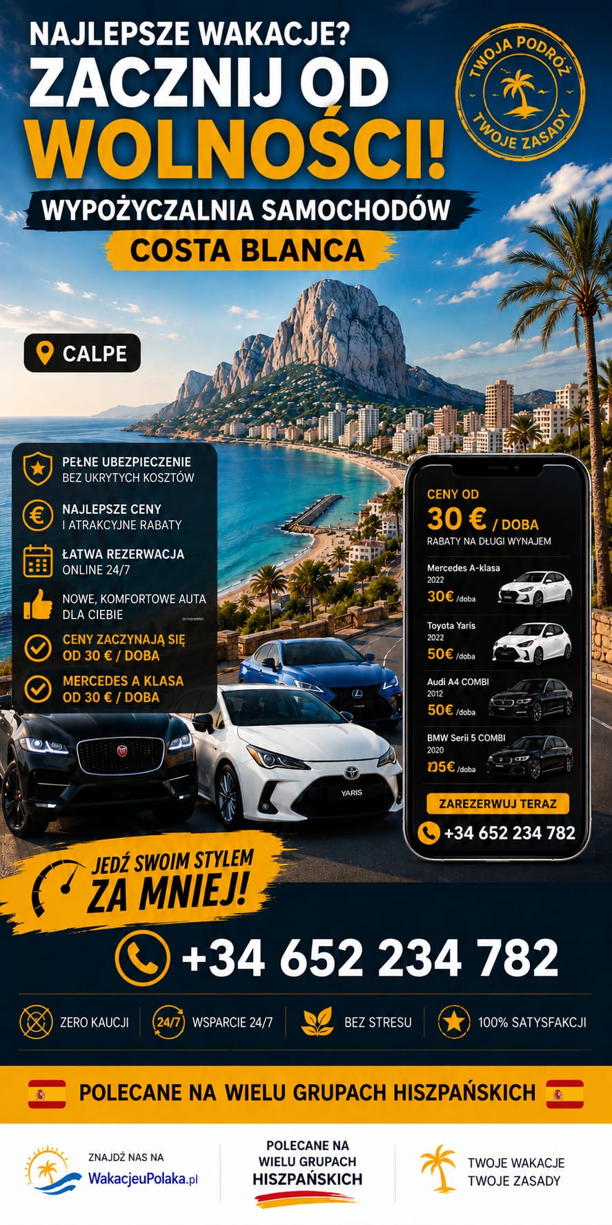 Wynajem samochodow Costa Blanca - wypozyczalnia aut w Calpe